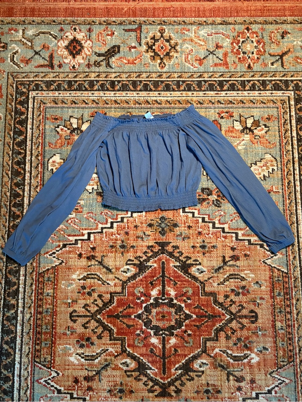 Divided Dusty Blue Off-the-Shoulder Smocked Crop Top